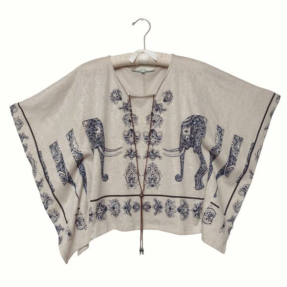 Le Fe Maraboutee Tops - LA FE MARABOUTEE Poncho Top Size 1 Elephant Print Leather Tie Beads Boho Retro